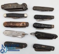 Various British military folding pocket knives, including four with black chequered grips and Marlin