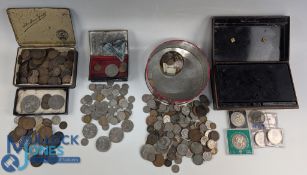 Old Coin Collection, British and world coins included, in 4 tins: to include copper halfpenny,