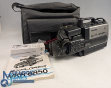 A Philips Explorer VKR 6850 VHS Camcorder in matching shoulder bag with instructions