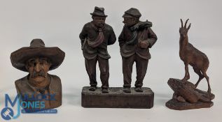 3x wooden carved figures to include a fine Black Forest goat (has a damaged ear), a pair of
