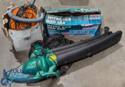 Tools to include an electric Greenline leaf blower, Coopers wet and dry vacuum mitre saw set.