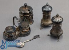 Silver Plated & Hallmarked Cruet Sets: a pair of tri footed set and Pepper cruets 6.5cm tall