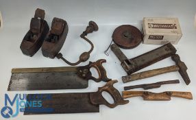 Collection Tools: to include wooden block, planes, tenon saw, trench rattle (worn), tape measure,