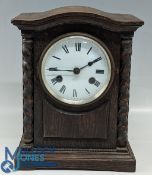 Oak Mantel Clock with brass movement enamel face, no key, untested condition, size 28cm tall -