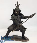 Period large Japanese Samurai bronze figure, holding a spear in both hands, solid brass - has some
