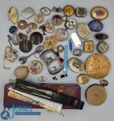 Collection of Vintage Costume Jewellery: compacts by Stratton and Coalport, pill boxes, scarf clips,