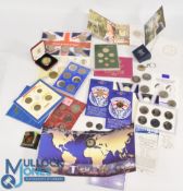 Collection of Coins Sets to including 5 different £5, 2 Peter Rabbit 50p, 6 Isle of Man Crowns, 1974