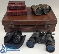 Period small card leather effect Suitcase: with mixed collectibles, contents include binoculars,