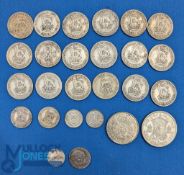 British Silver Coins, most are pre 1947 - 50/50 silver content, in F/G condition and 2 worn 100%