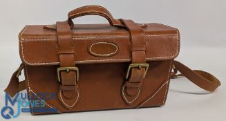 Fine leather Brady Shotgun Cartridge case: with leather shoulder strap brass fittings, size #21cmx