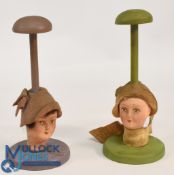 Pair of Art Deco Dressing Table Hat / Wig Stands: Composite dolls heads mounted on wooden circular