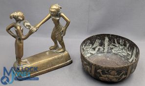 Period Indian hammered copper repousse bowl with 5 figural scenes to side of bowl, with a brass