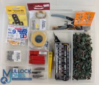 Miniature Metal 8mm Wargaming Figures together with various tools in plastic divided storage box