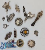 Collection of Vintage Costume Jewellery: mostly silver-tone brooches, incl a couple of sterling