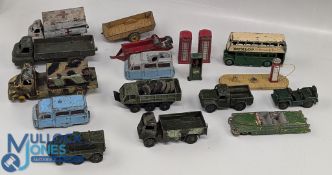 Play worn Dinky Toys Diecast Cars, Lorries: to include 2 good Dinky telephone boxes and a bus,