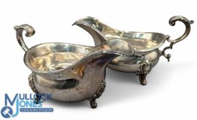 Matching Pair of Sheffield Hallmarked Silver Walker & Hall Sauce Boats 1912 Floral handles, rope