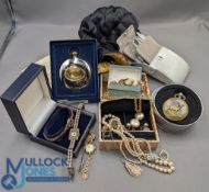 Mixed lot of Jewellery To include String of Pearls, Modern Pocket watch, silver religious