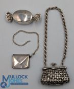 Period silver stamp holder envelope, Birmingham 1902 6.1g, plus a white metal sweet shaped pin