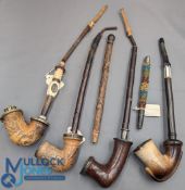4x Antique Pipes: 2 are Meerschaum carved pipes with figures, a coat of arms and a hunter scene,