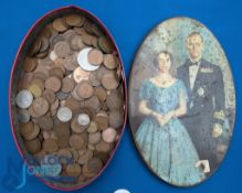 2.1 kg of British Copper Coins: in a 1950s Queen Elizabeth and Prince Philip tin, mostly British