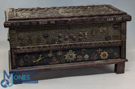 Scare collection of early WWI and Military Title Badges, Cap Badges and Buttons, plus a wooden trunk