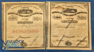 Railway Share Certificates: two attractive railway share certificates issued by the Guantanamo