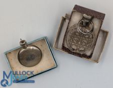 Novelty sterling silver perfume bottle: plus a plated bottle topped and made of pressed glass