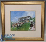 David Hemmings original oil on board: a vibrant horse racing scene with grandstand,