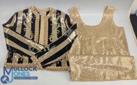 Vintage gold and black sequin St John USA fashion jacket, top and mini skirt, the jacket and vest