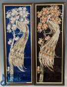 2x Maws & Co Jackfield Shropshire, tube lined framed tiles of peacocks in blue and a brown - size #
