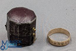 Two period engraved 9ct Gold Rings: a Mizpah ring size R in original ring case, and an engraved ring