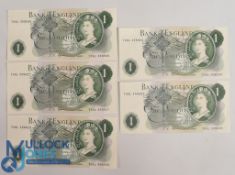 1966-1970 Bank of England £1 Notes number run of 5 T06L 458923 – T06L 458927 J S Forde Chief Cashier