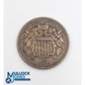 USA 1864 Two Cent Piece Coin - large moto variant - in good used condition; plus, US 1972 dollar