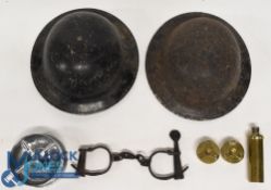 WWII Military Helmets & Trench Art, to consist of 2 tommy helmets complete with liners and straps,
