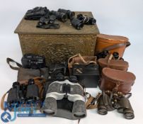 Brass Hammered vintage coal chest: with a collection of binoculars and cameras, to include Ultraview