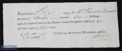 Ellesmere Canal 1799 - Call certificate for payment on £125 Stock in the canal company. Black