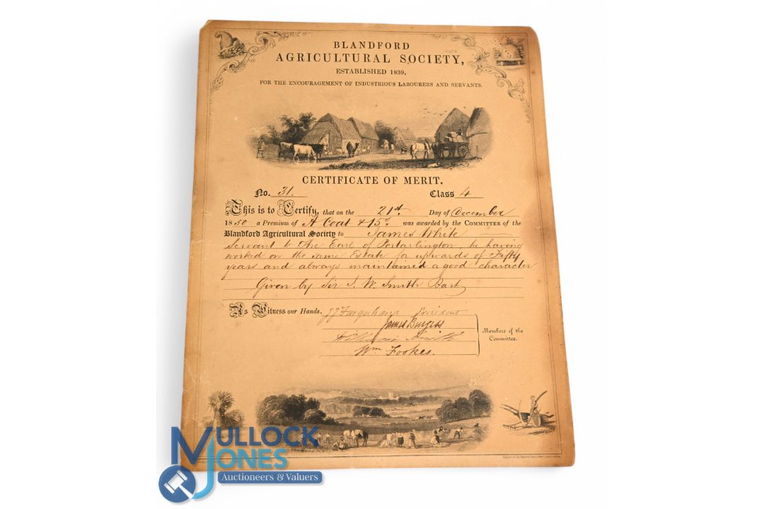 Blandford Agricultural Society Certificate of Merit 1850. Awarded to James White who has worked