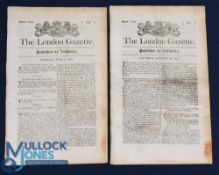 London Gazette Newspaper (2) America War of 1812 - The Chesapeake Expedition - in July/August 1814