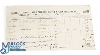 Early Mail Coach Waybill, Lowell & Petersham, United States Mail Coaches. 1843. Listing passengers