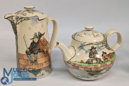 Royal Doulton The Gallant Fishers, teapot and coffee pot, in good used condition, crazing and