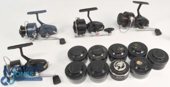 Mitchell 440A fixed spool reel, good one-touch bail, runs well. 3x Mitchell 300 fixed spool reels,