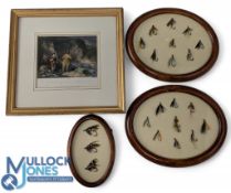 Collection of 3 glazed oval wooden frames, with flies mounted on card, showing examples of salmon,