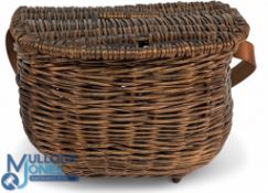 Period Wicker Fishing Basket Creel, with 4 wooden feet, a later added leather belt strap, size #30cm