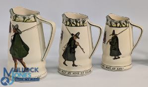 Royal Doulton Isaac Walton Ware Milk Jugs: three graduated jugs sized 15cm-18.5cm tall, painted