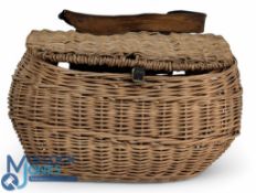 Large oversized Wicker Fishing Creel, a leather faced shoulder stap, size #30cm x 30cm x 54cm