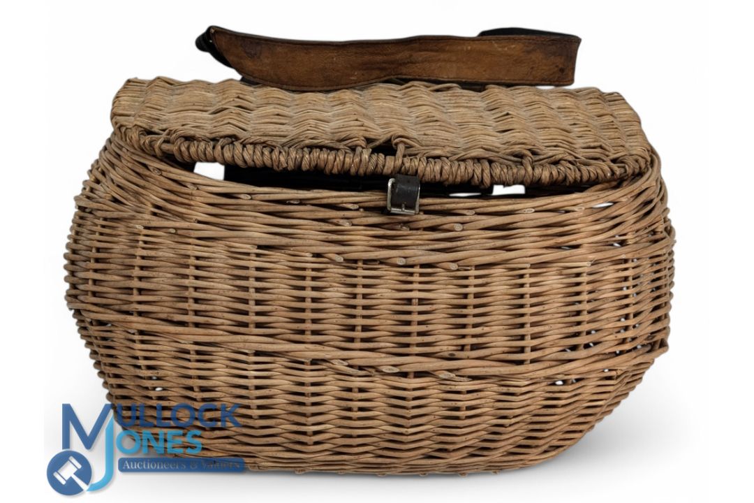 Large oversized Wicker Fishing Creel, a leather faced shoulder stap, size #30cm x 30cm x 54cm