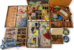 Quantity of fly tying materials, wools, threads, silks, in 3 wooden compartment boxes, a further