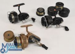 Pair of early Mitchell 300 spinning reels, spring fold handles & V check levers, plus 2 spare spools