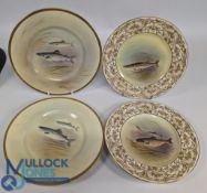 Collection of 4 Royal Doulton named fish plates, painted by C Holloway brown trout, pike, Lock Leven