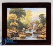 Ceramic Fishing Scene Plaque Tile, in a period velvet frame - printed image - unnamed maker -